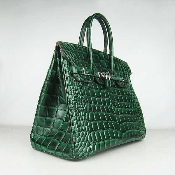 High Quality Fake Hermes Birkin 35CM Crocodile Veins Leather Bag Dark Green 6089